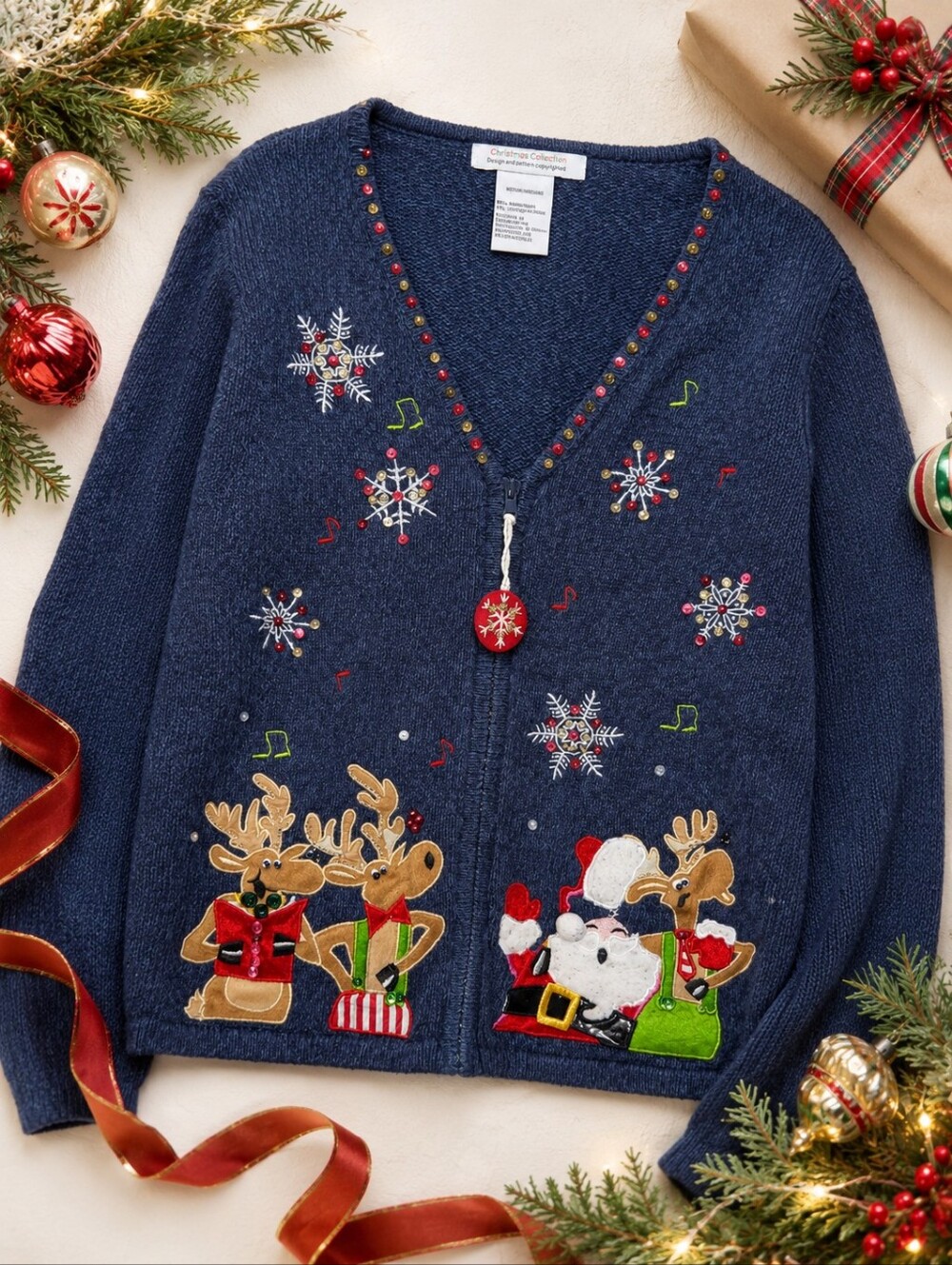 Vintage Tiara International Santa Reindeer Zip Cardigan M Holiday Kitsch Teacher